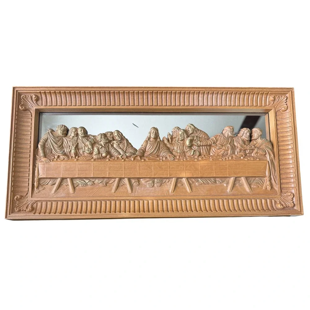 Vintage Homco The Last Supper 3D Relief Mirror Wall Art Faux Wood Frame 7651 USA